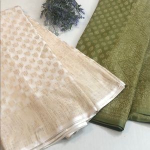 Handloom Soft Silk Saree (Cream and Olive Colors)